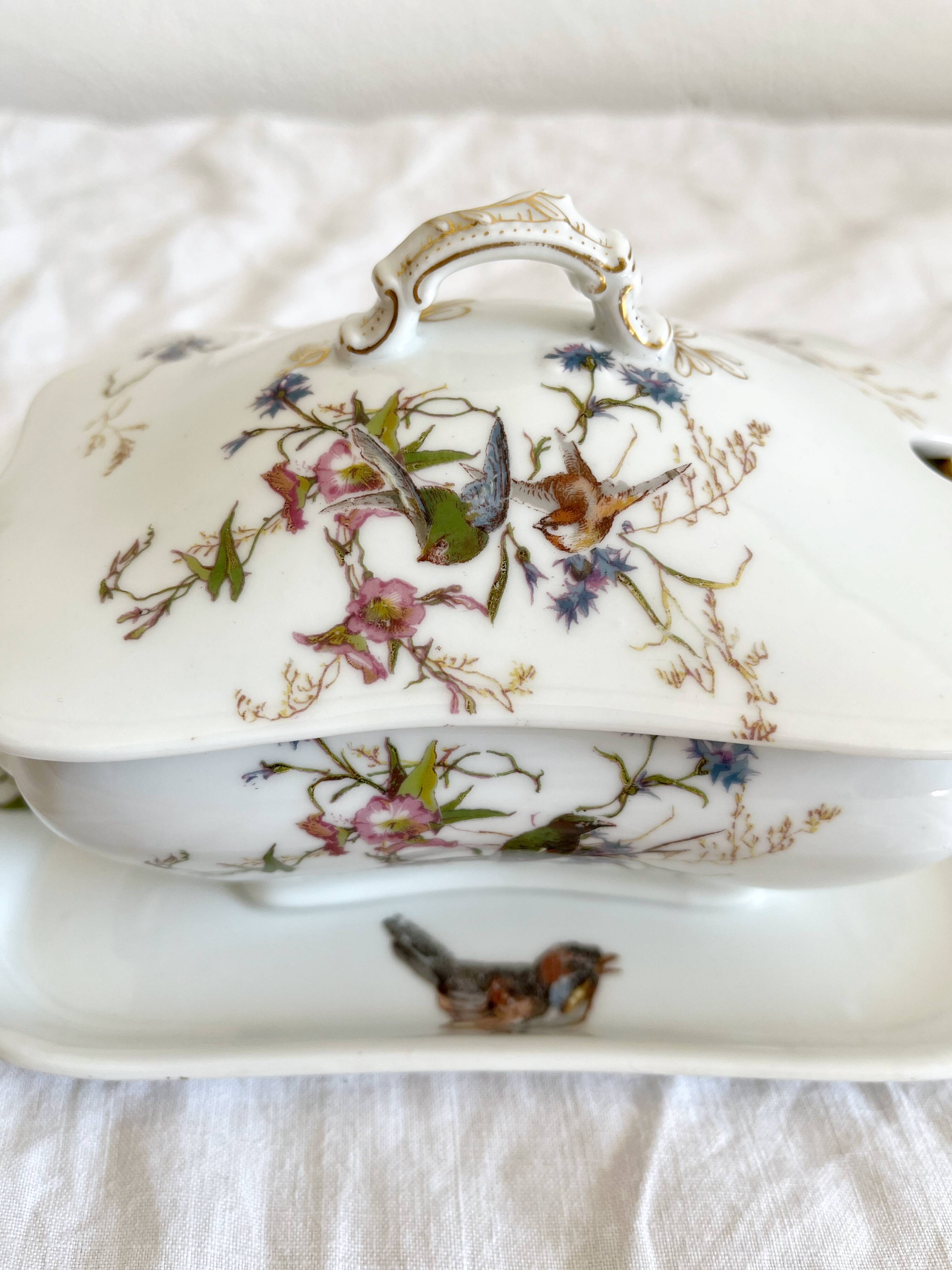 Antique Haviland Limoges porcelain sauce boat with lid, bird decor