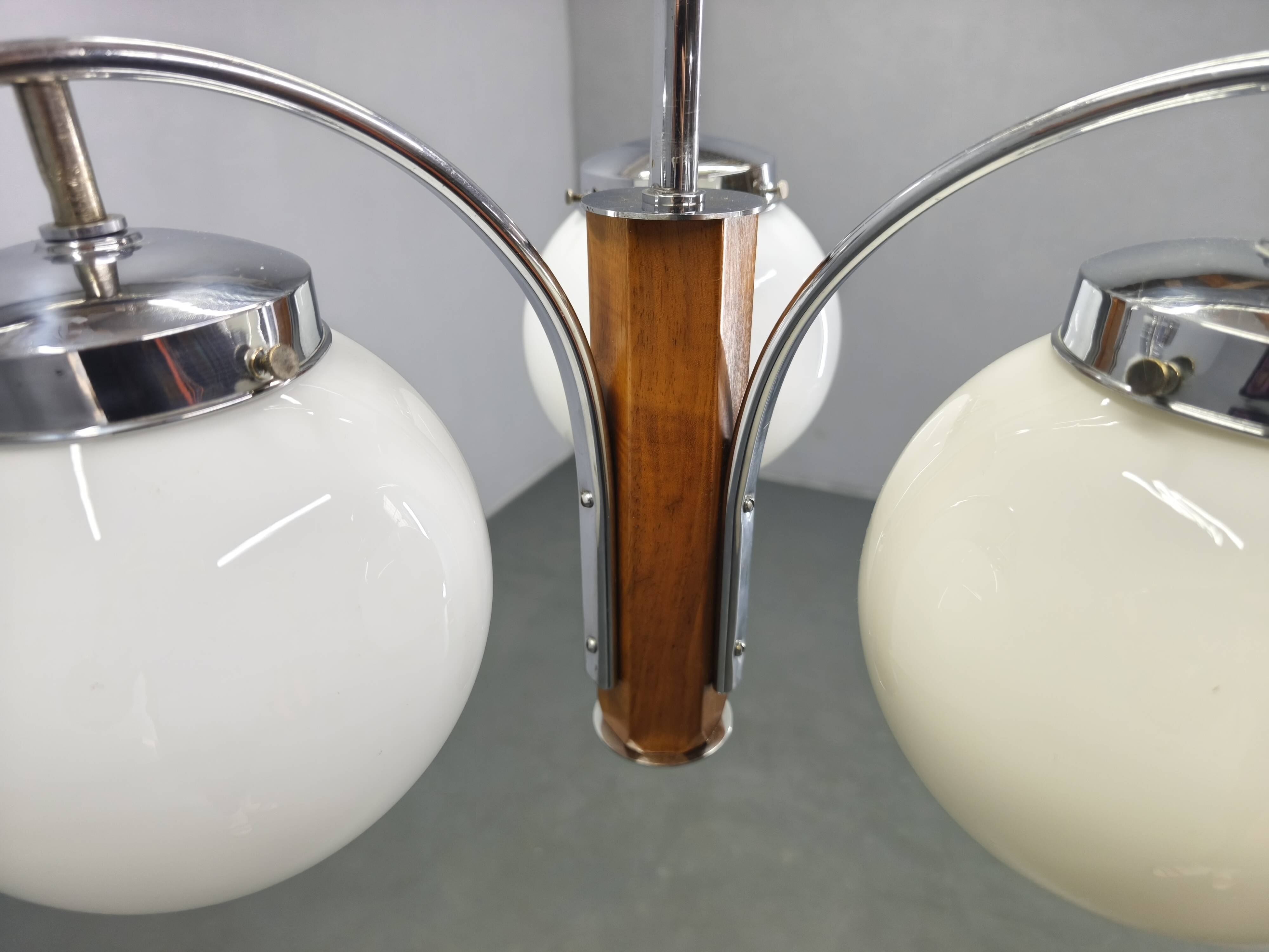 Art Deco Chandelier, Chrome, Walnut & Glass, 1930s