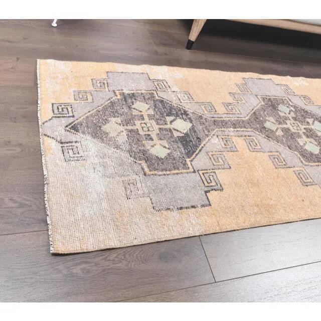 Natural Vintage Geometric Turkish Hand-Knotted Runner Rug 80x341