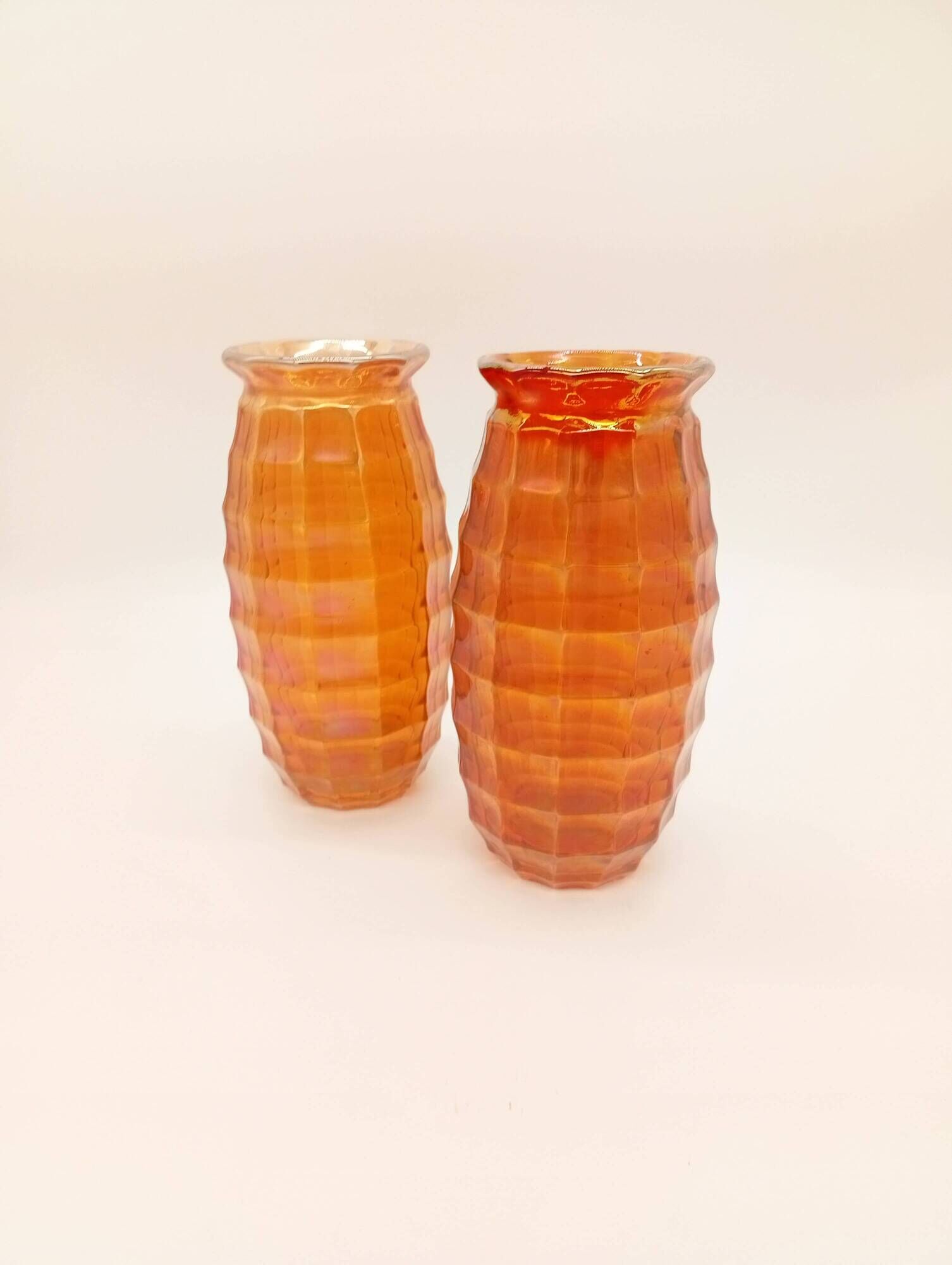 Paire Vases Art Déco Josef Invald Carnival Marigold Orange Irisé Jacobean