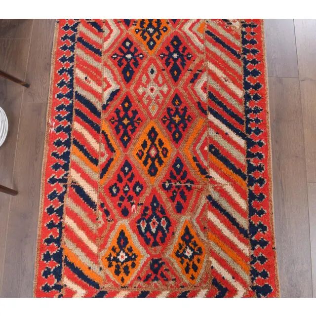 Vintage Turkish Oushak Handmade Wool Cotton Red Runner 91x368
