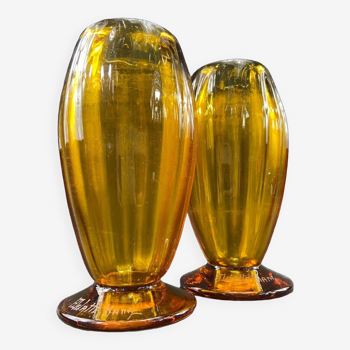 Pair of Art Deco vases in amber tinted glass signed Delatte Nancy