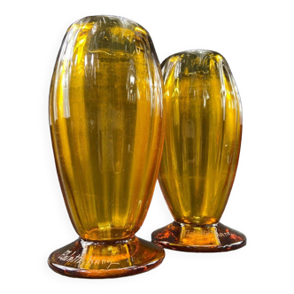 Pair of Art Deco vases in amber tinted glass signed Delatte Nancy