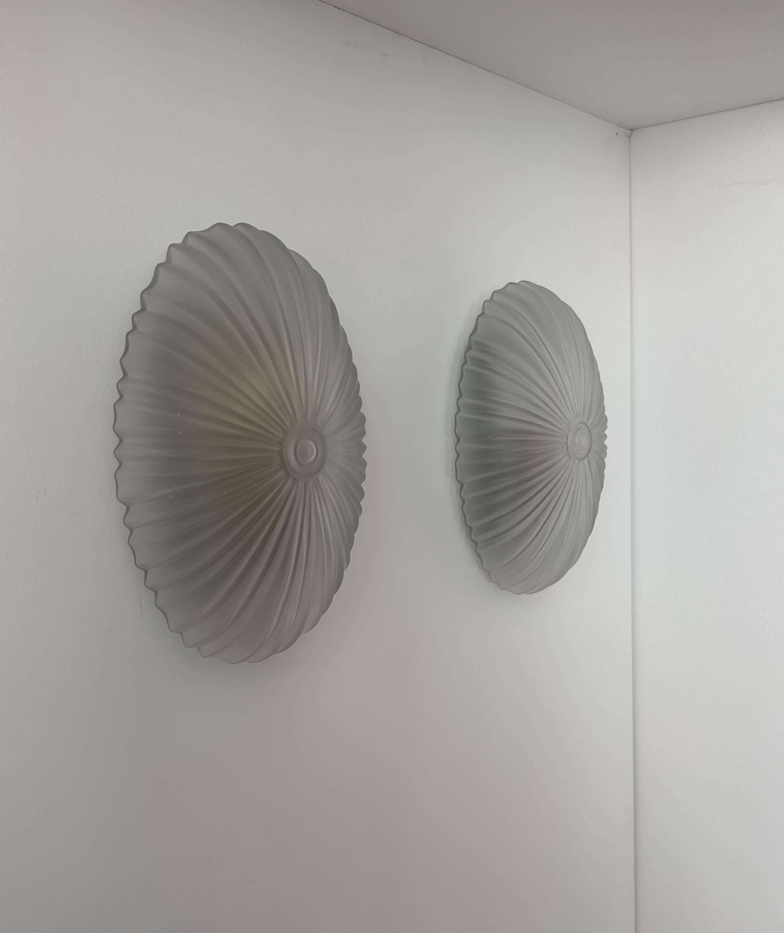 Pair of vintage sandblasted glass wall lights, France 1970s