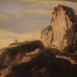 Antique landscape painting with men-at-arms from the 17th century