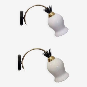 Duo of opaline brass wall lamps black or white finish of your choice