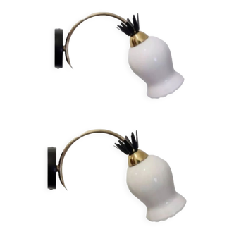 Duo of opaline brass wall lamps black or white finish of your choice