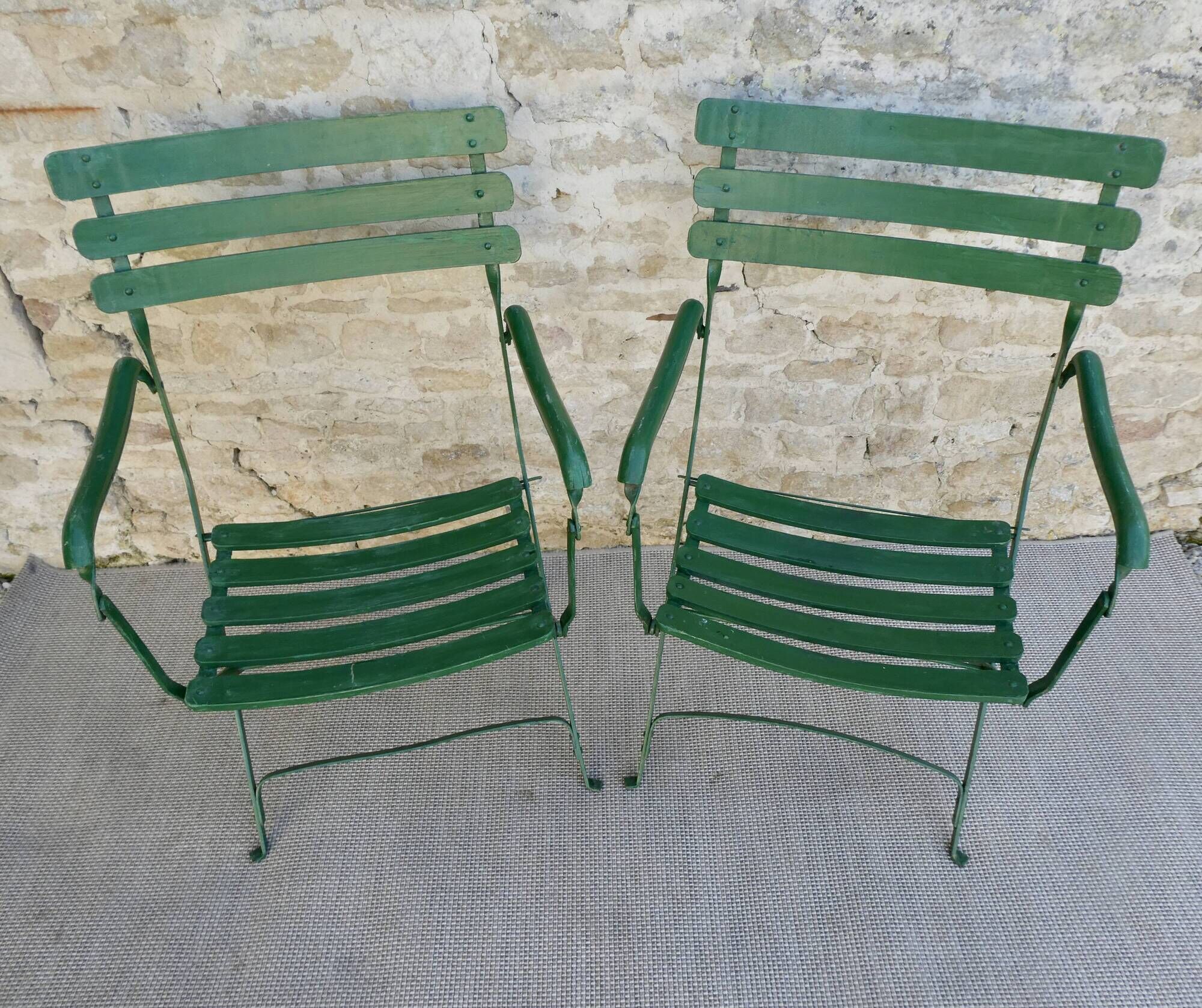 Pair of garden chairs, metal with wooden slats, folding