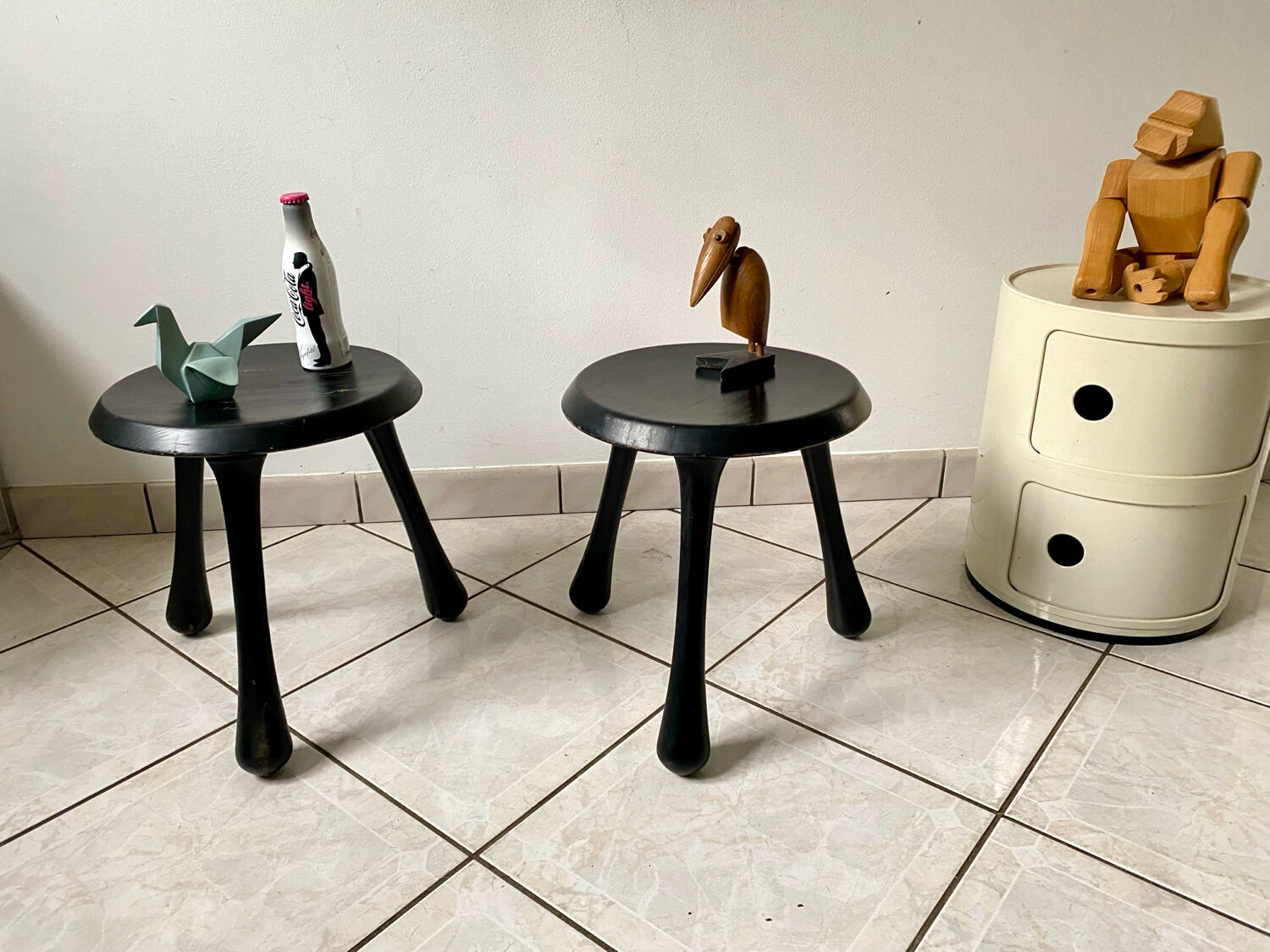 Pair of Ingvar Kamprad design tripod low stools, Habitat edition