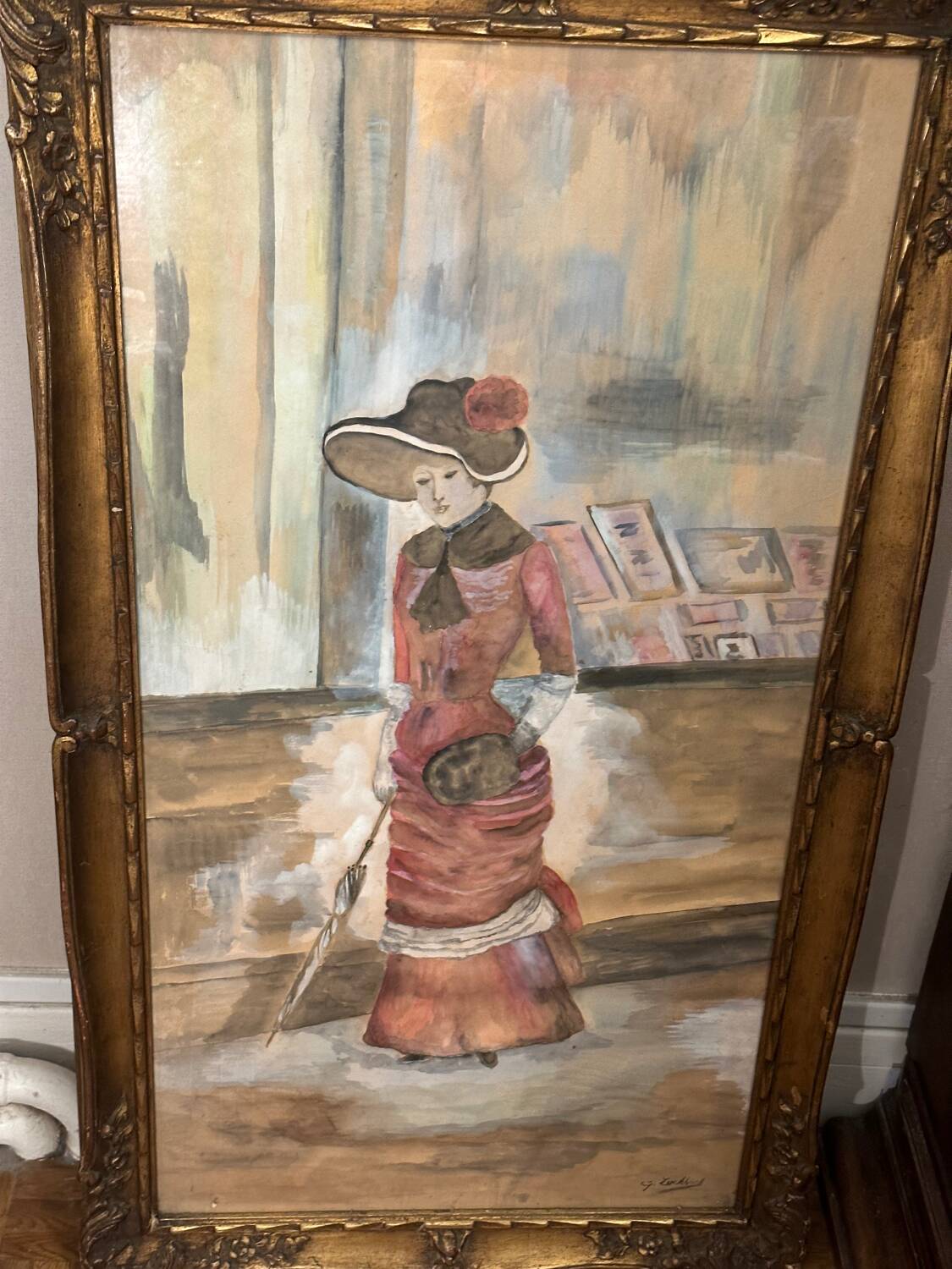 Large Framed Watercolor - An Elegant Woman - Signed 1900s