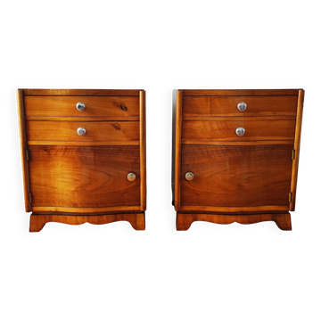 Pair of Art Deco curved bedside tables in light wood.