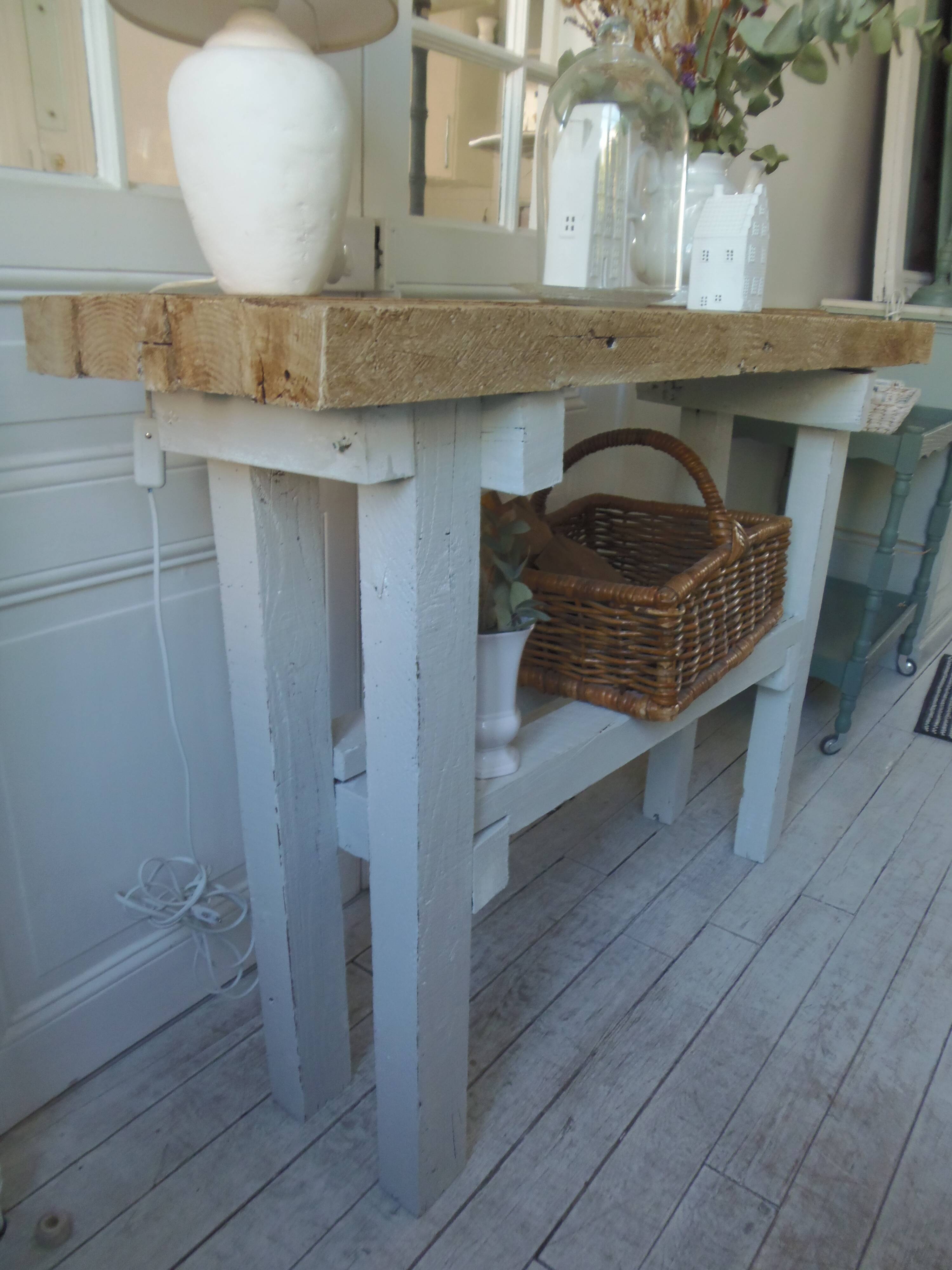 Vintage workbench with pearl gray patinated base and wooden top