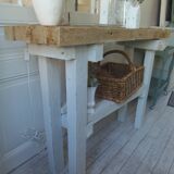 Vintage workbench with pearl gray patinated base and wooden top