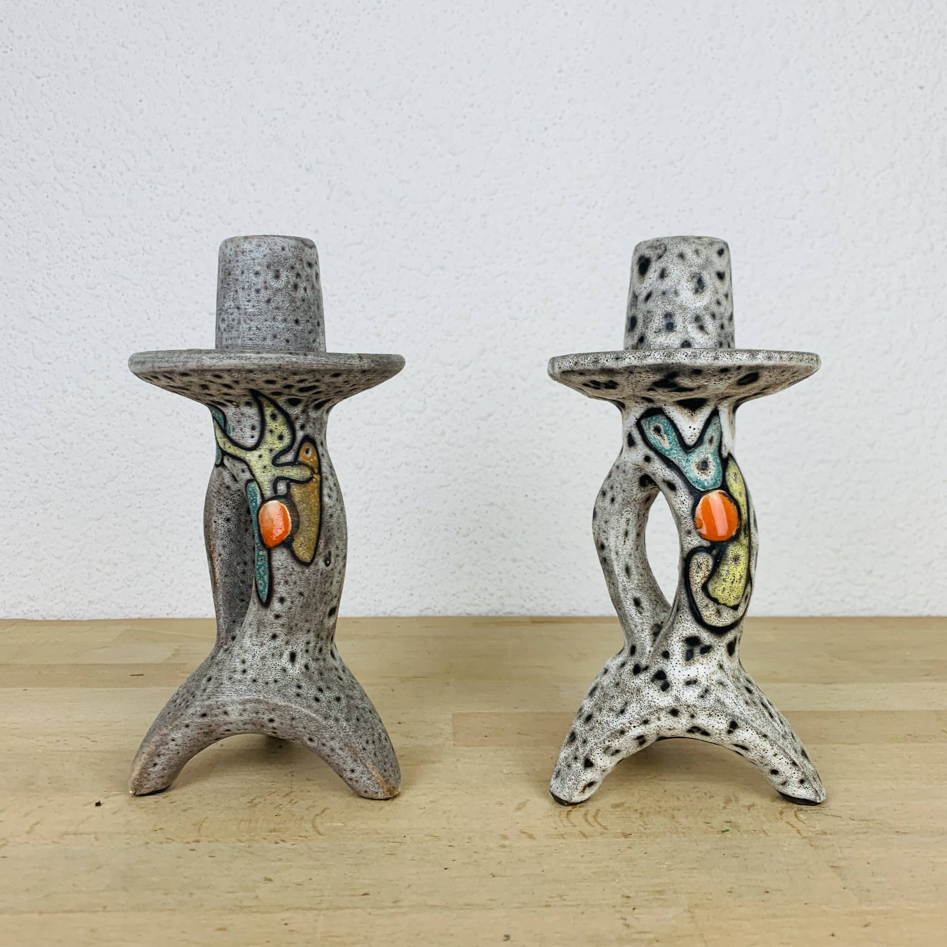 Pair of ceramic candlesticks by Marius Bessone in Vallauris