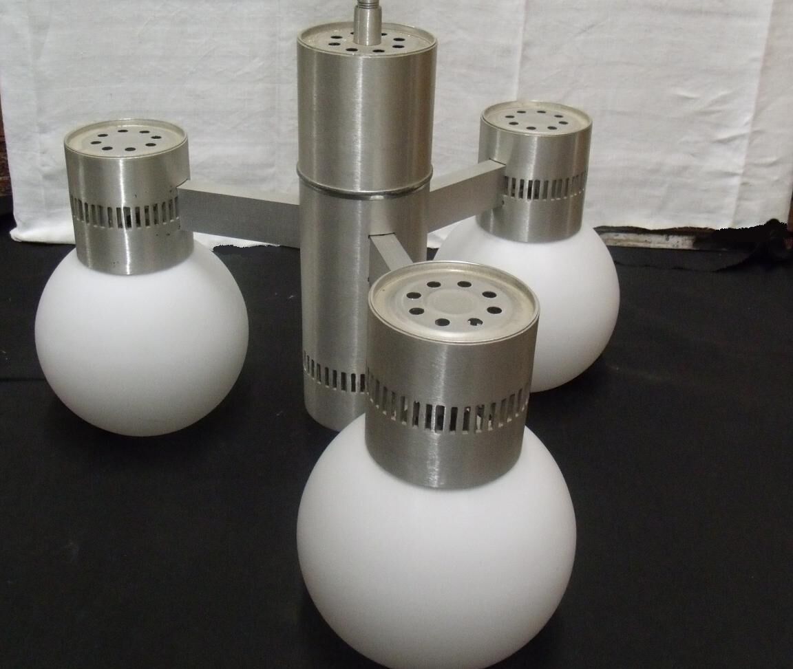 Chandelier suspended three lights 1970 white opaline brushed alu