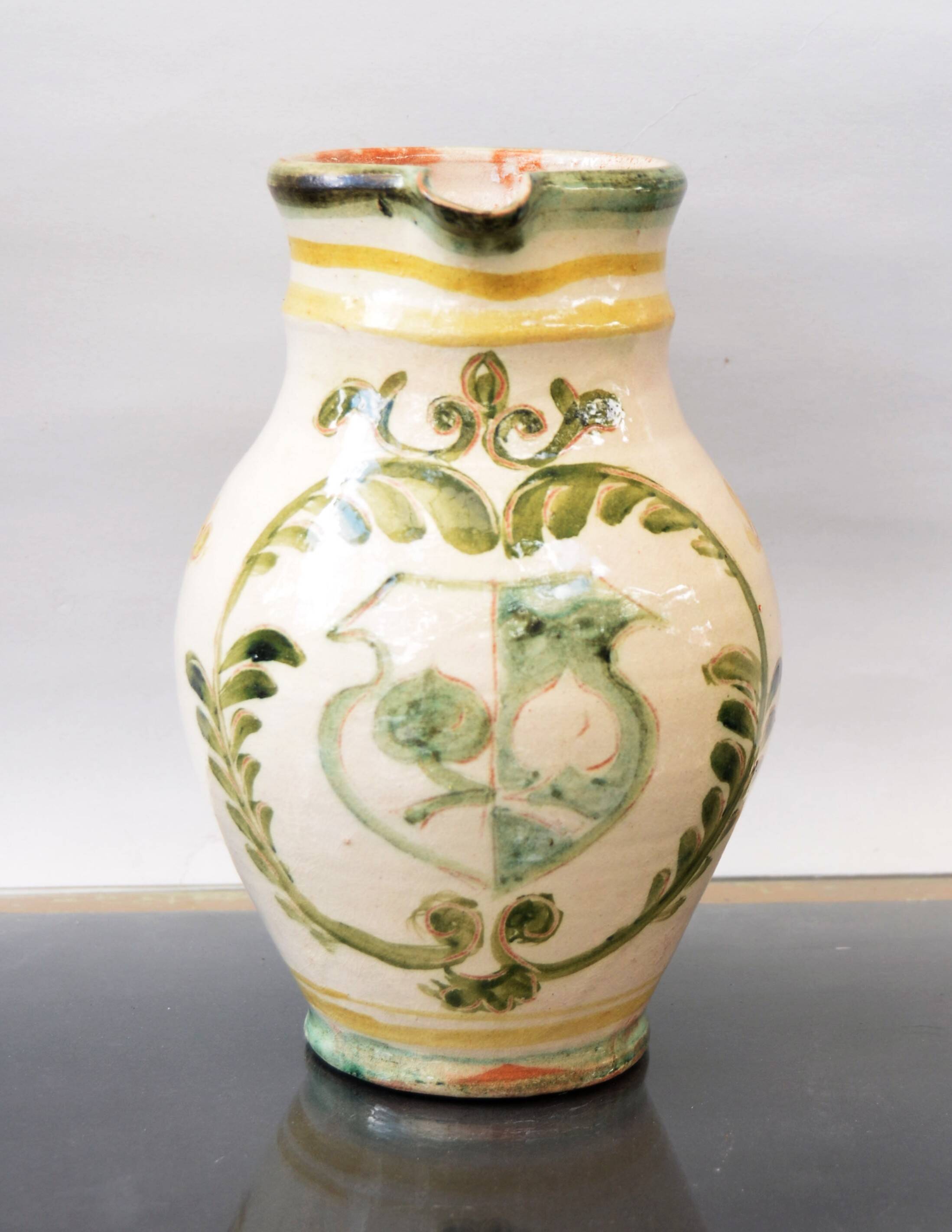 Cider or Wine Glazed Jug Germany Pottery Hand Painted Coat Of Arms Decorati