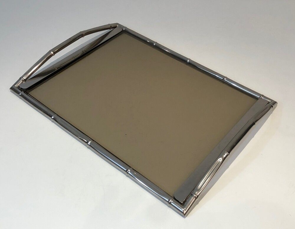 Chrome tray style faux-bamboo with smoked glass top