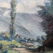 Tableau HST "Paysage avec village arboré" signé Drox 1905