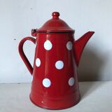 Red enamelled coffee maker with white polka dots
