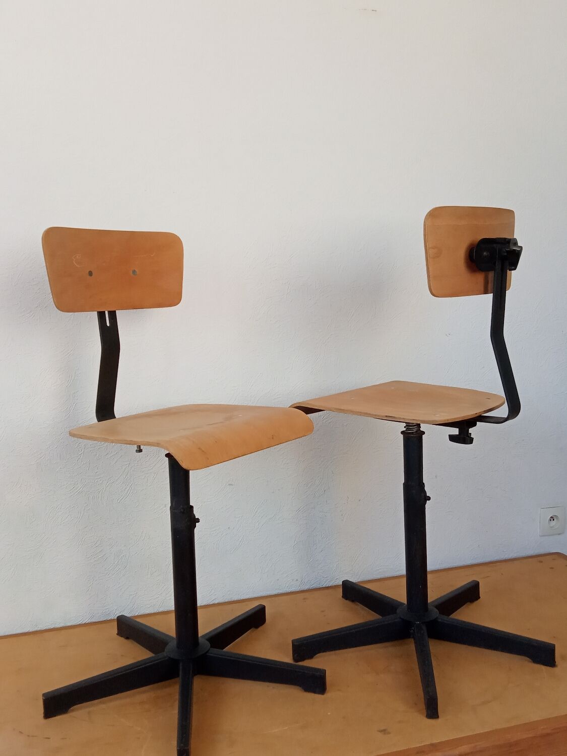 Pair of high workshop bar chairs