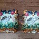Pair of "Perdrix" Pot Covers Barbotine Onnaing