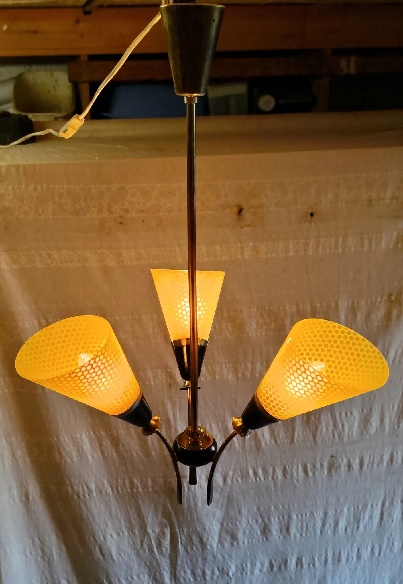 Brass and glass chandelier with 3 lights - 1950s