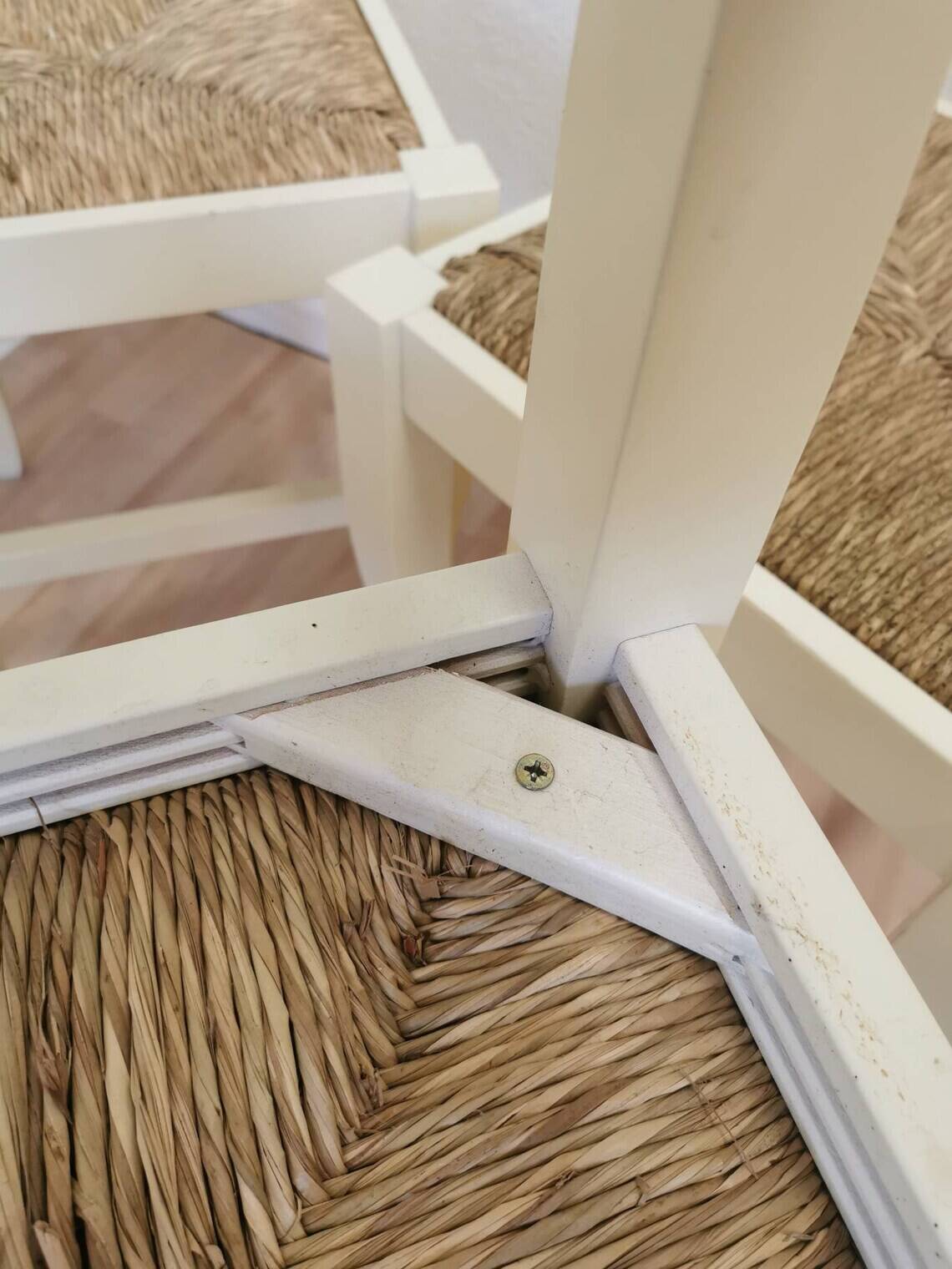 Set of 6 Vintage White Wooden Stool 1970s Boho Thatched Seat