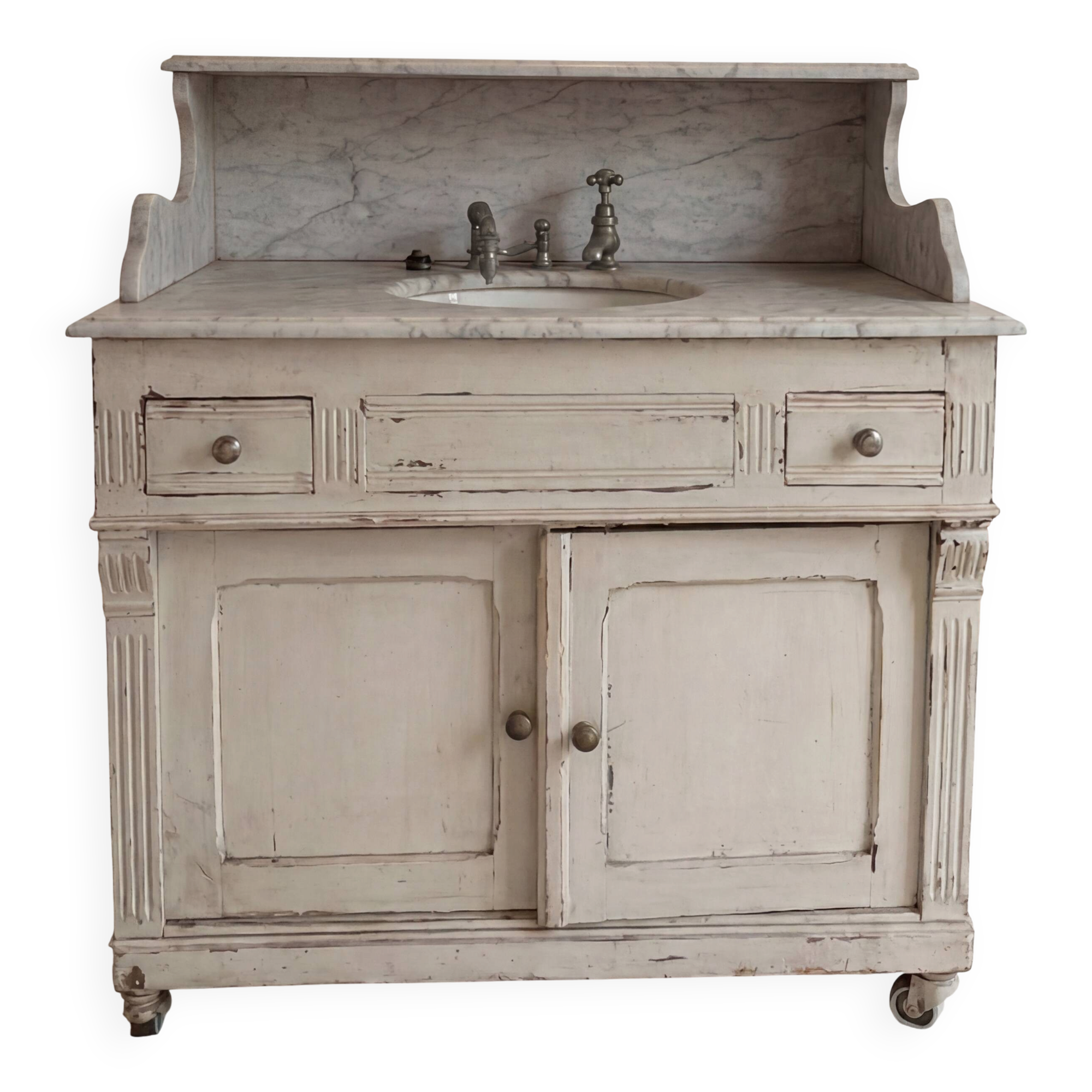 Antique wooden bathroom cabinet with painted finish and white marble.