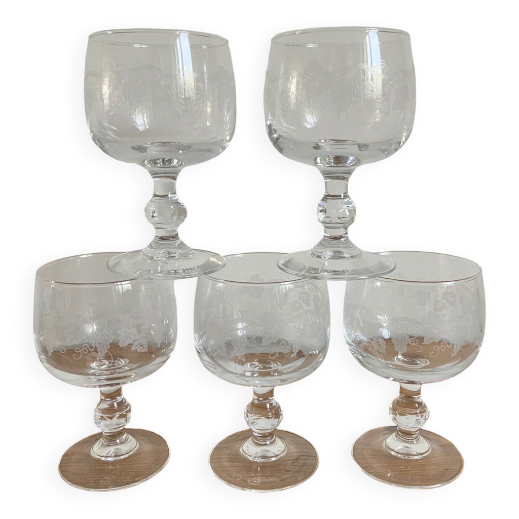 Lot De 5 Verres à Vin Vintage – Style Rétro, Pieds Ronds, Motifs Fleurs Rouges Et Or