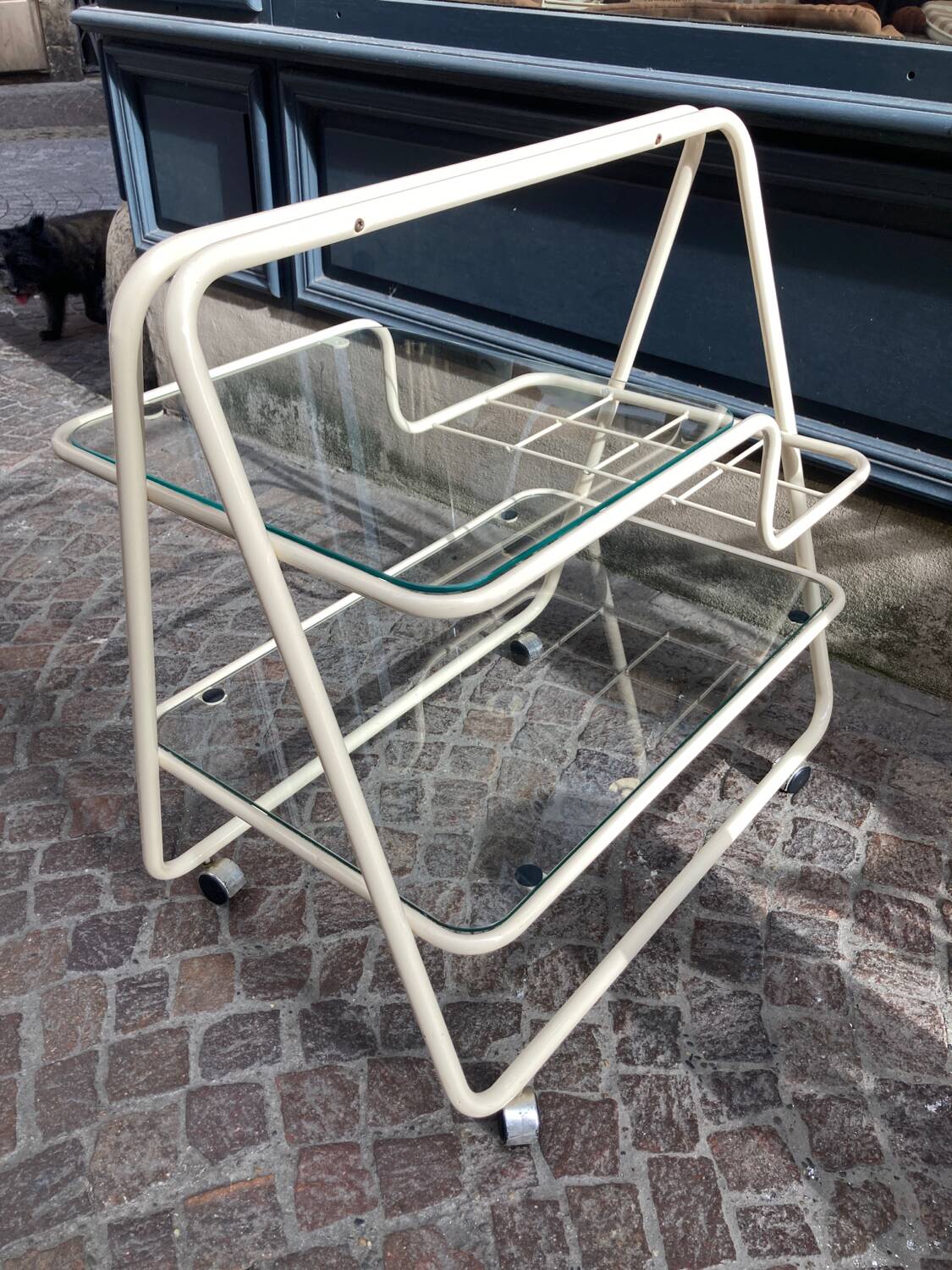 70s rolling trolley in glass and cream metal