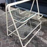 70s rolling trolley in glass and cream metal