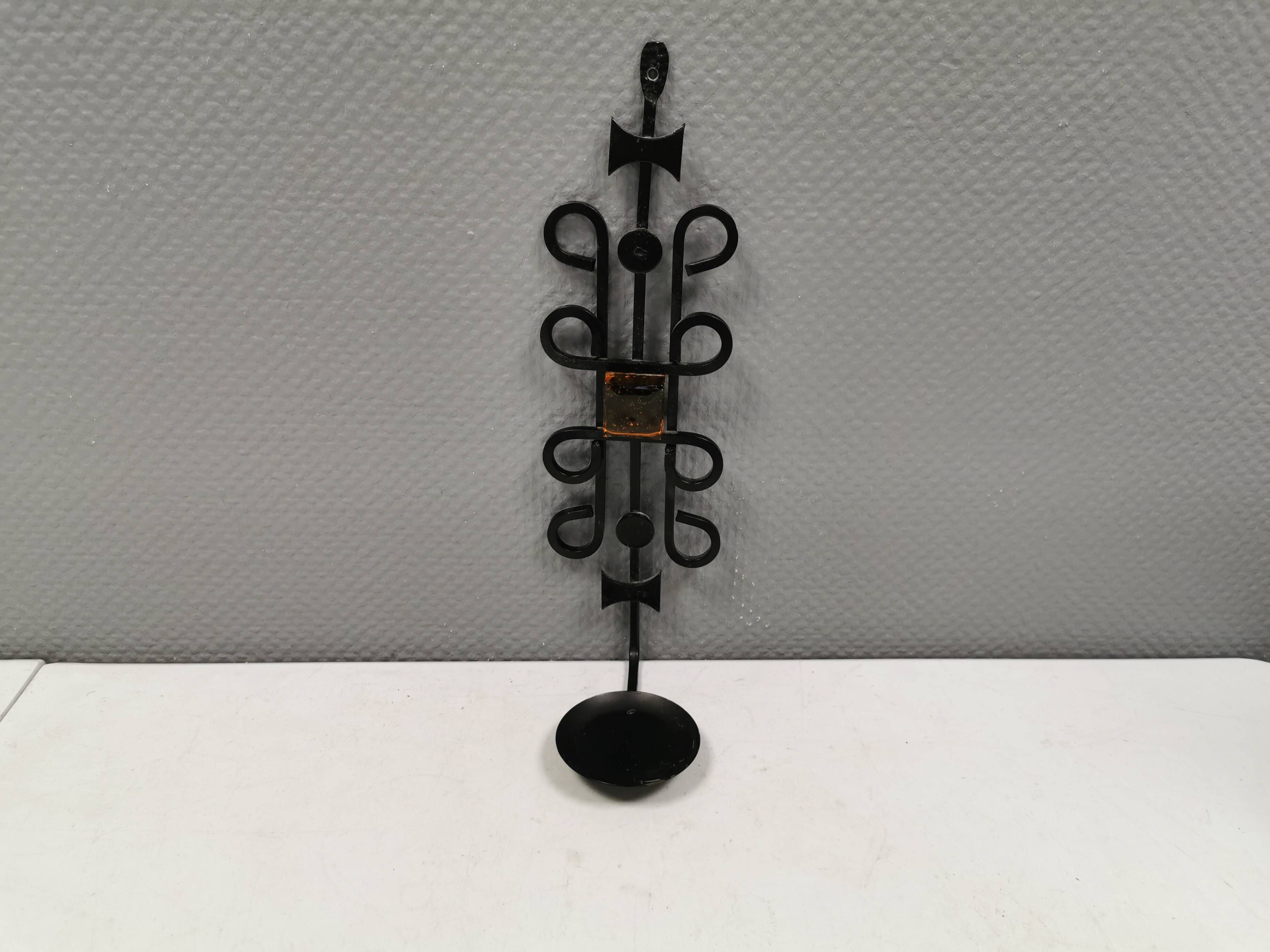 Vintage wall candle holder, wrought iron and  pressed orange/amber glass