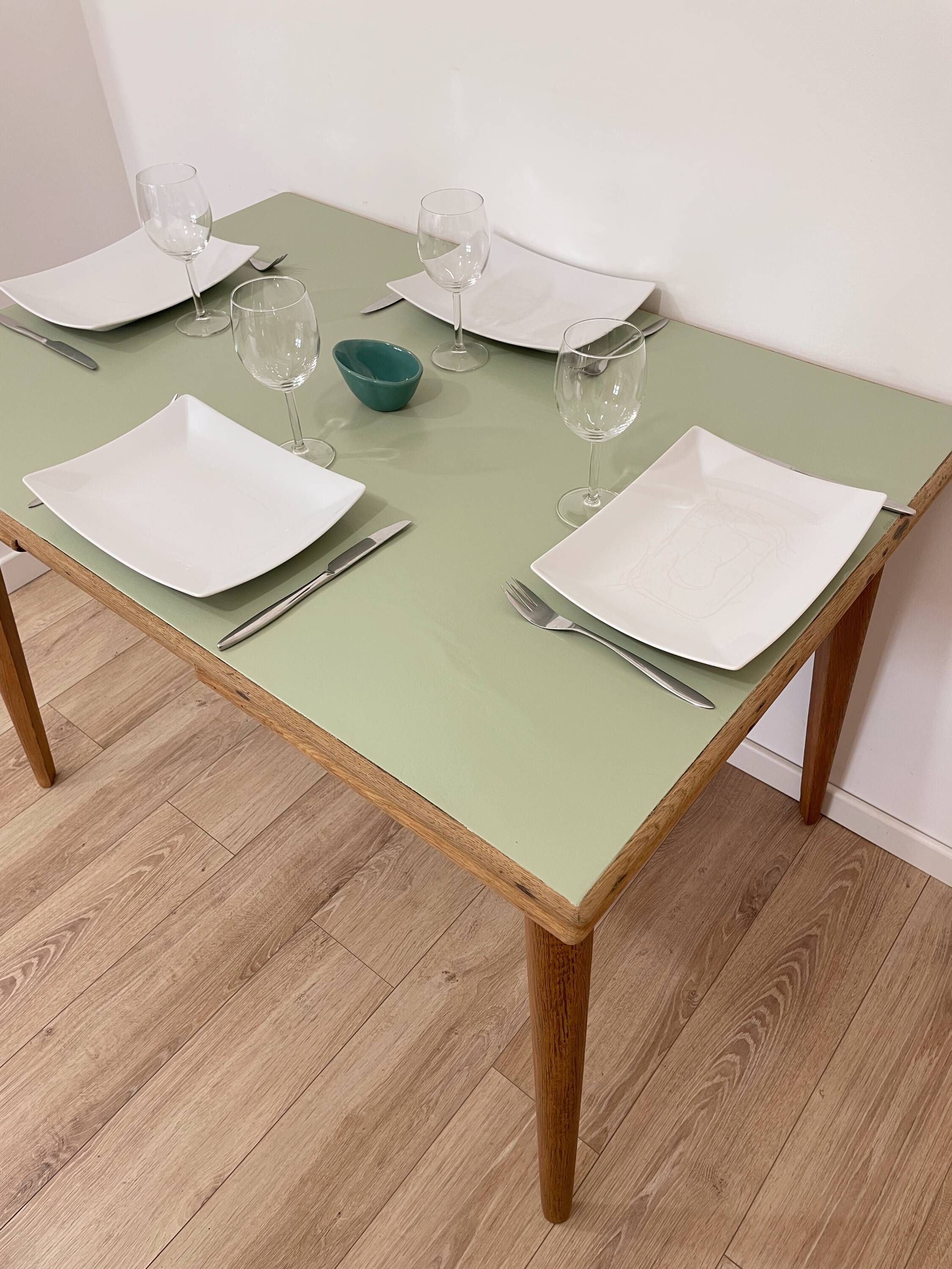 Vintage extendable dining table, wood and sage green