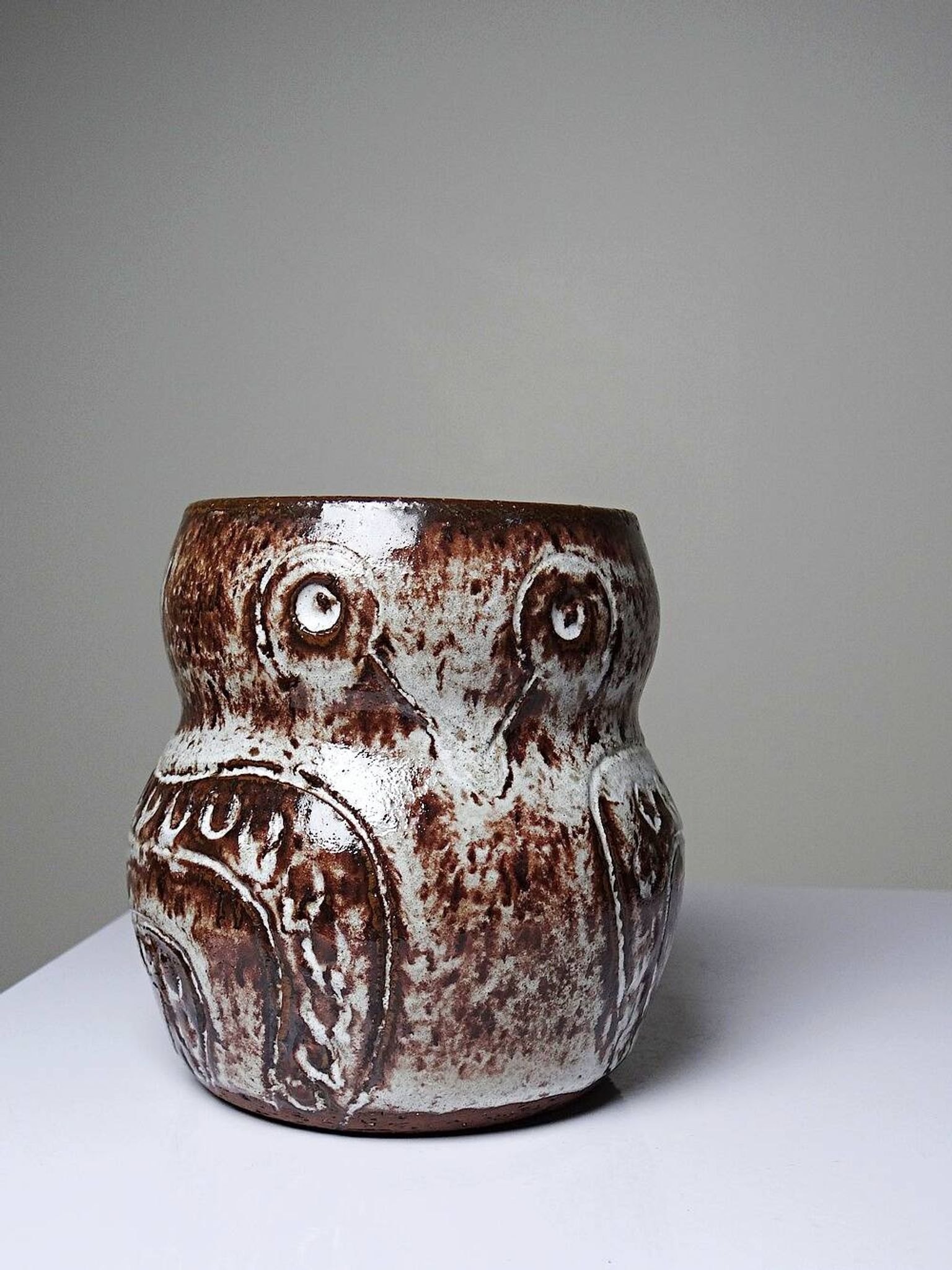 Vintage owl pot in glazed stoneware by Alain Granet, Vallauris 1960s-1970s.