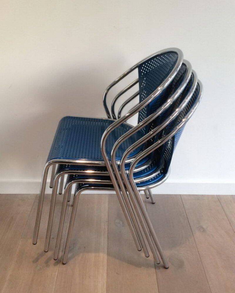 Set of 4 chrome chairs with perforated seats in blue lacquered metal