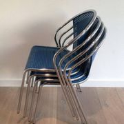 Set of 4 chrome chairs with perforated seats in blue lacquered metal