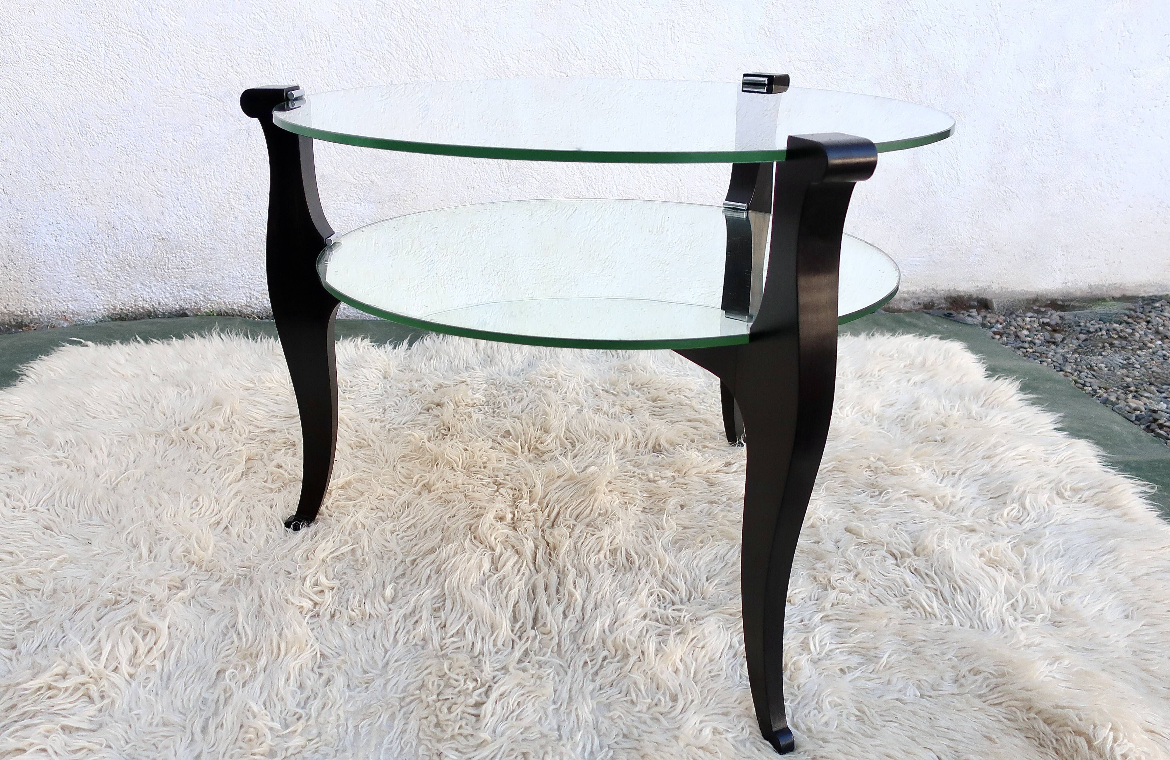 Low art deco pedestal table 1930/1940 in black wood, glass and mirror