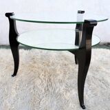 Guéridon bas Art Déco 1930/1940 en bois noir, verre et miroir