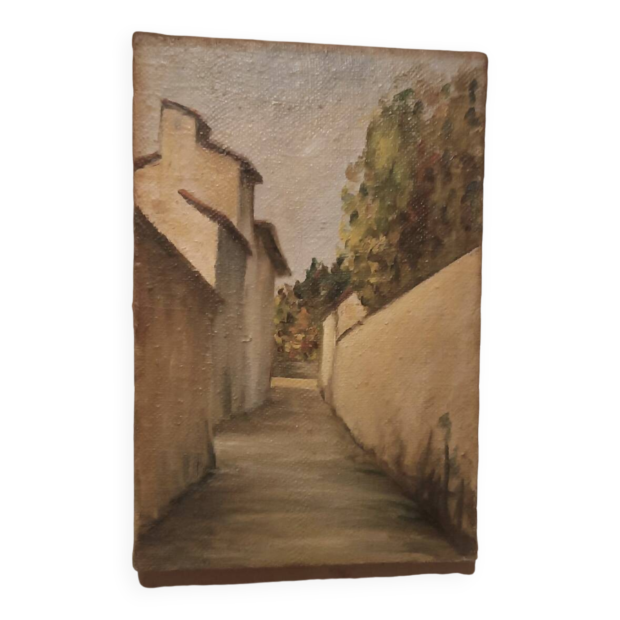 Antique painting from the late 19th century, a view of the village, oil on canvas