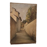 Antique painting from the late 19th century, a view of the village, oil on canvas