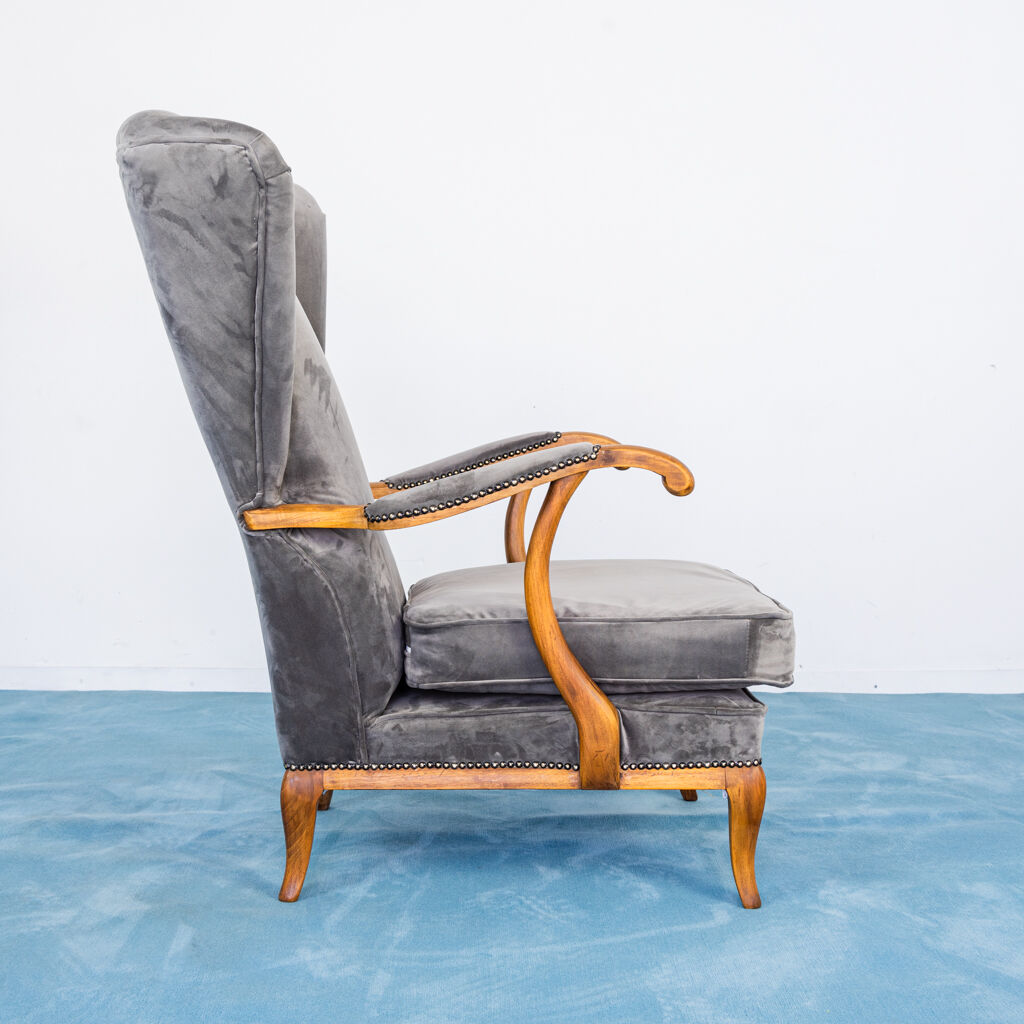 Set 2 armchairs velvet wood walnut design 1950s vintage