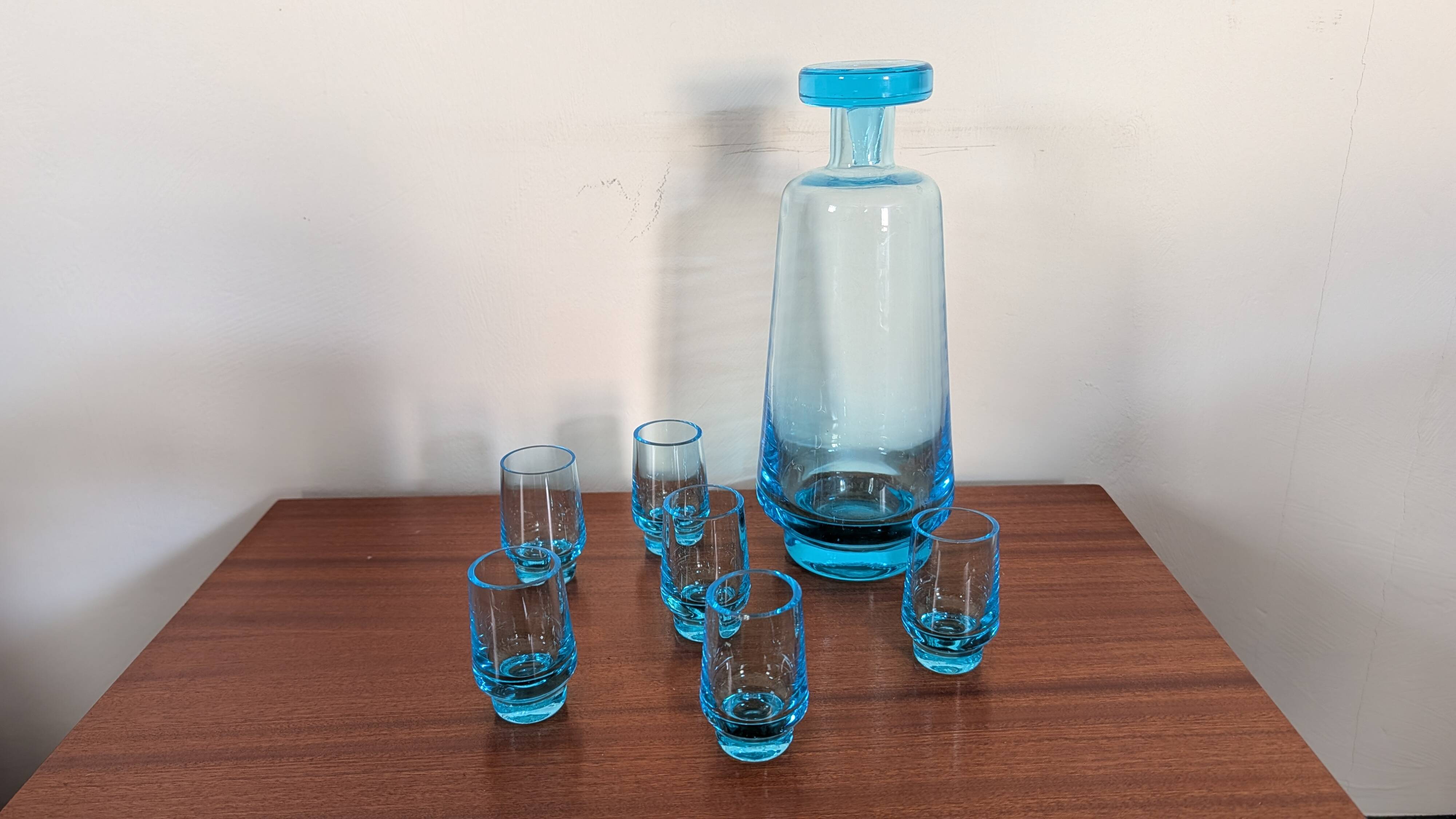 Smoky blue glass liqueur set from the 70s.