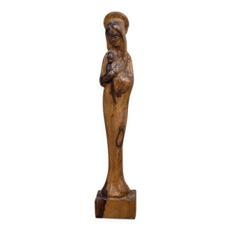 Vierge marie à l'enfant en bois de chêne sculpté à la main, style art déco