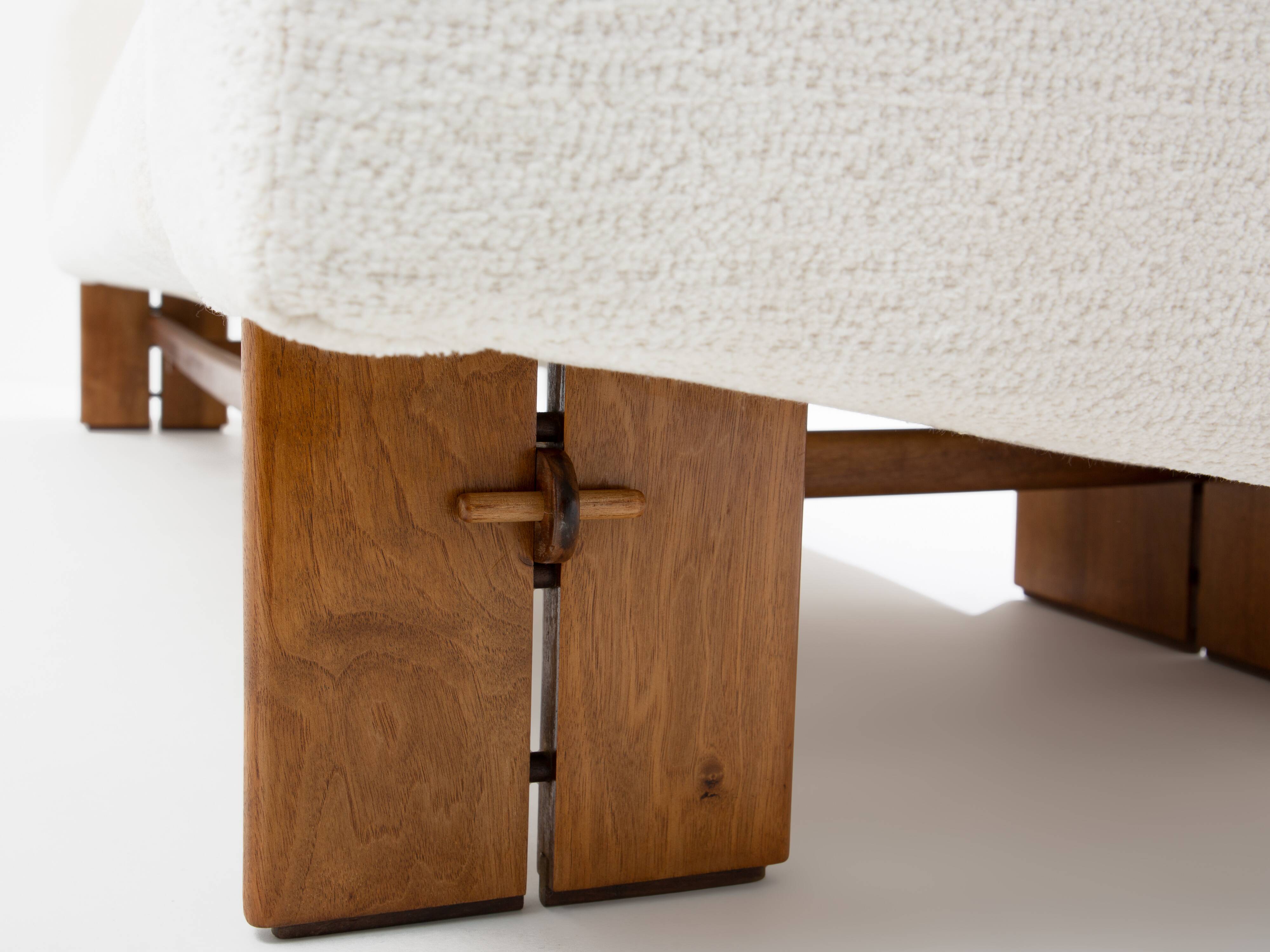 Italian Brutalist sofa in walnut and chenille velvet circa 1960