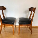 Set of Biedermeier Shovel Chairs in Walnut & Black Leather, Austria, 1820s