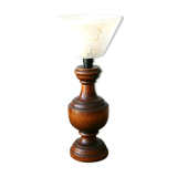 Wooden table lamp, patterned glass lampshade