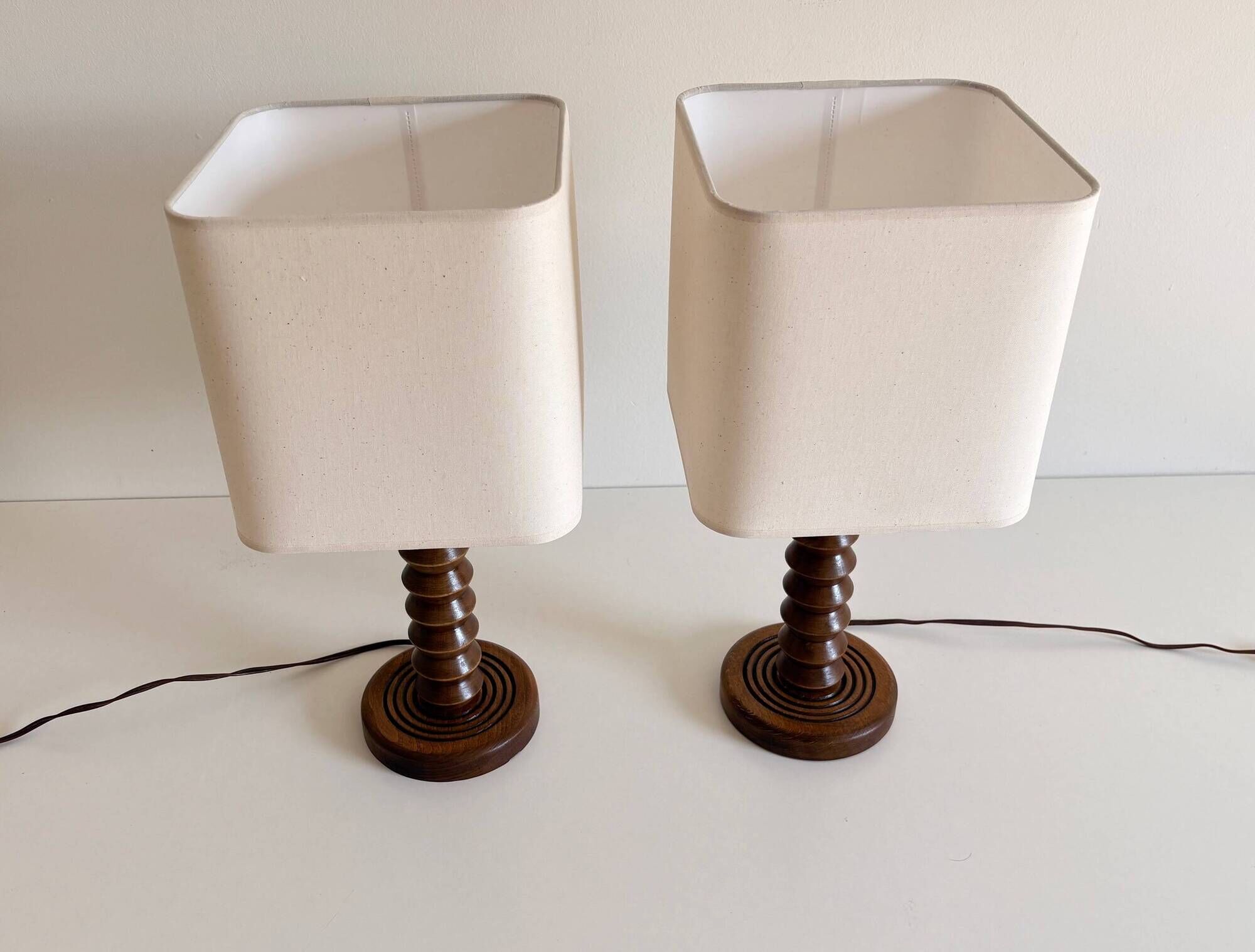 Pair of French Art Deco Wooden Table Lamps Attributed to Charles Dudouyt