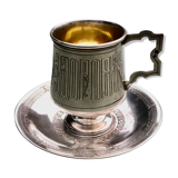 Cup and saucer Russian silver metal