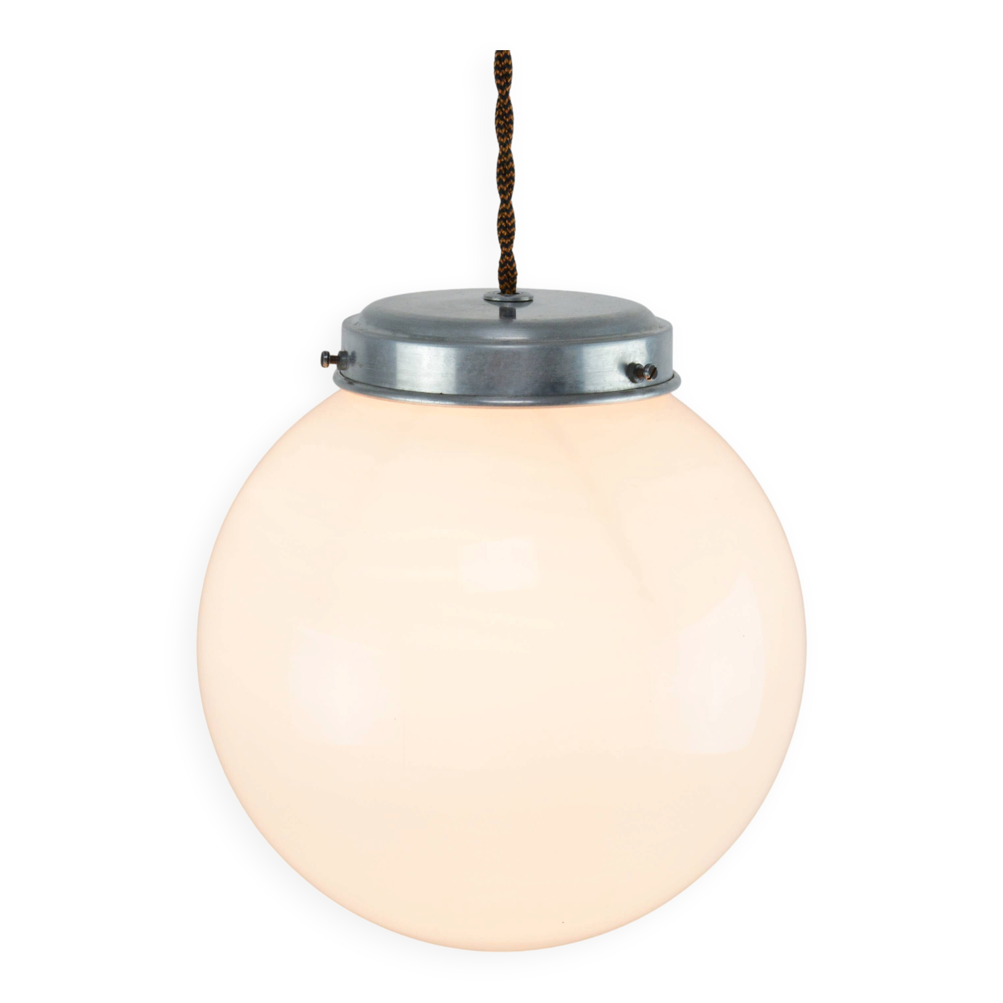 Small Mid-Century Italian Opaline & Metal Sphere Pendant Lamp