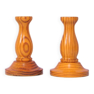 vintage set of pine wood candlesticks